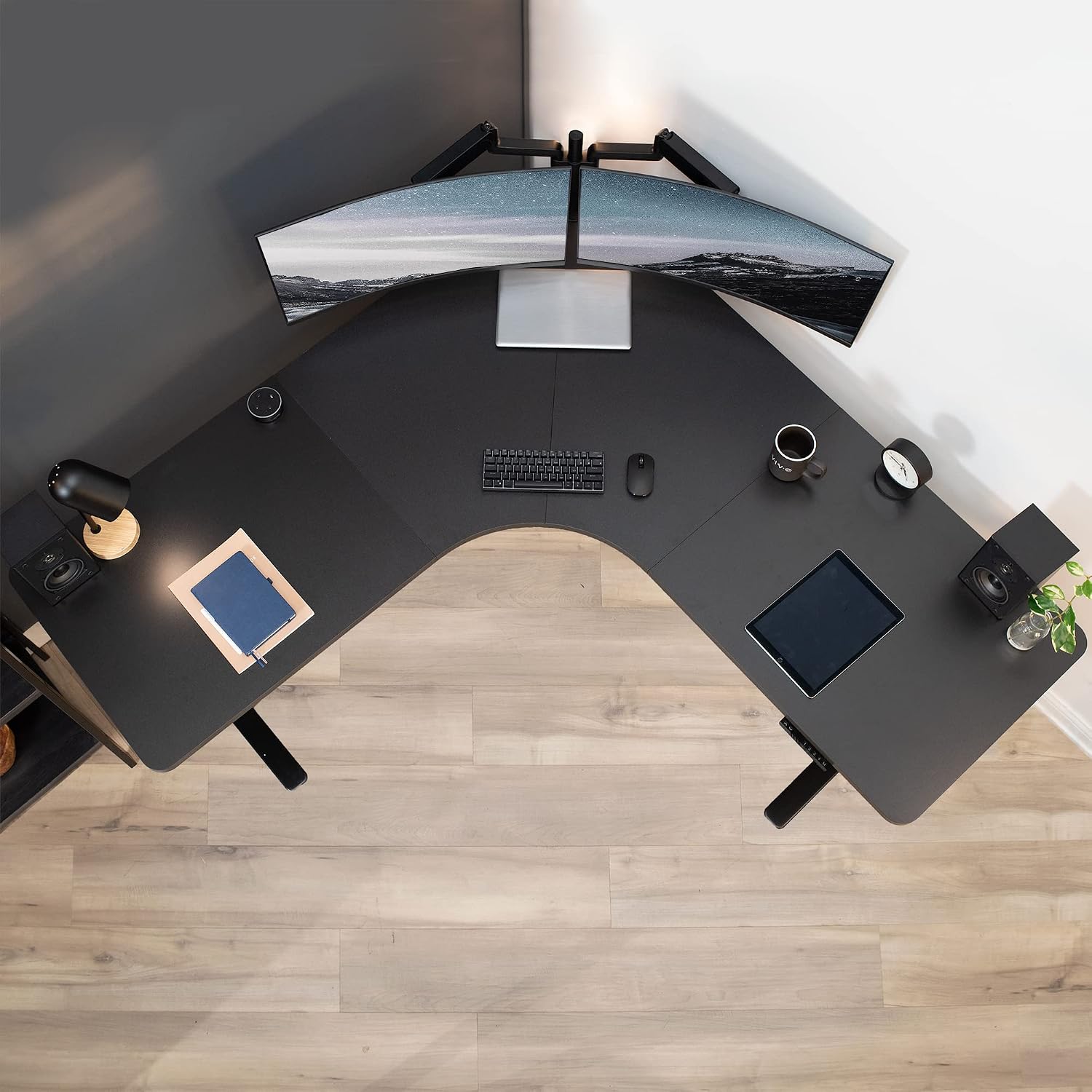 VIVO Universal 71 x 71 inch Curved Corner Table Top for L-Shape Sit to Stand Height Adjustable Home and Office 3-Leg Desk Frames, Black Desktop, DESK-TOP2CB