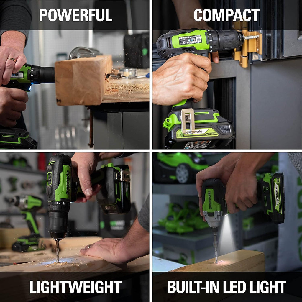 Greenworks 24V Brushless 310 in./lbs Drill / Driver + 2650 in./lbs Impact Driver Combo Kit, (2) USB (Power Bank) Batteries and Dual Port Charger Included LED Light, 2pcs Driving Bits with Tool Bag