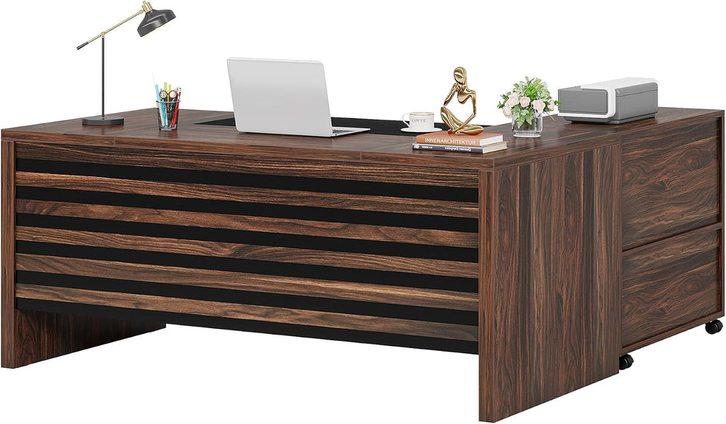 Tribesigns 62.2' Executive Desk with Mobile File Cabinet, L-Shaped Office Desk with Storage Shelves, Large Computer Table Business Workstation Set for Home Office, Dark Brown