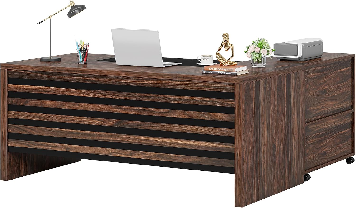 Tribesigns 62.2' Executive Desk with Mobile File Cabinet, L-Shaped Office Desk with Storage Shelves, Large Computer Table Business Workstation Set for Home Office, Dark Brown