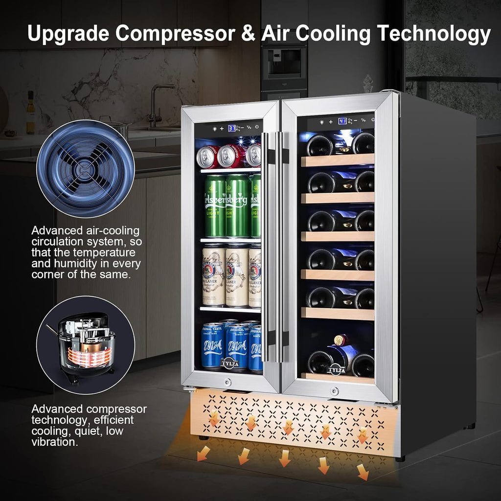 Tylza Wine and Beverage Refrigerator, 24 Inch Dual Zone Wine Fridge, Holds 18 Bottles and 88 Count, French Doors, Lock, Under-counter or Freestanding Wine Cooler, Beverage Fridge with Tempered Glass