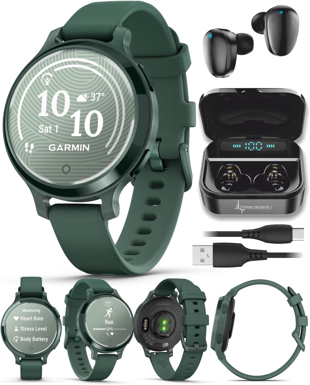 Garmin Lily 2 Active, Jasper Green with Jasper Green Silicone Band, Smartwatch, Built-in GPS, Hidden Display, Patterned Lens, Up to 9 Days Battery Life w Black Earbuds Bundle