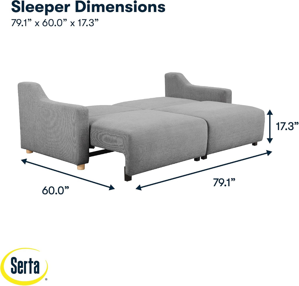Serta Glendale 90.2' Queen Size Wall-Hugging Convertible Sofa, Dreamcoil Comfort, Chenille Fabric, Grey