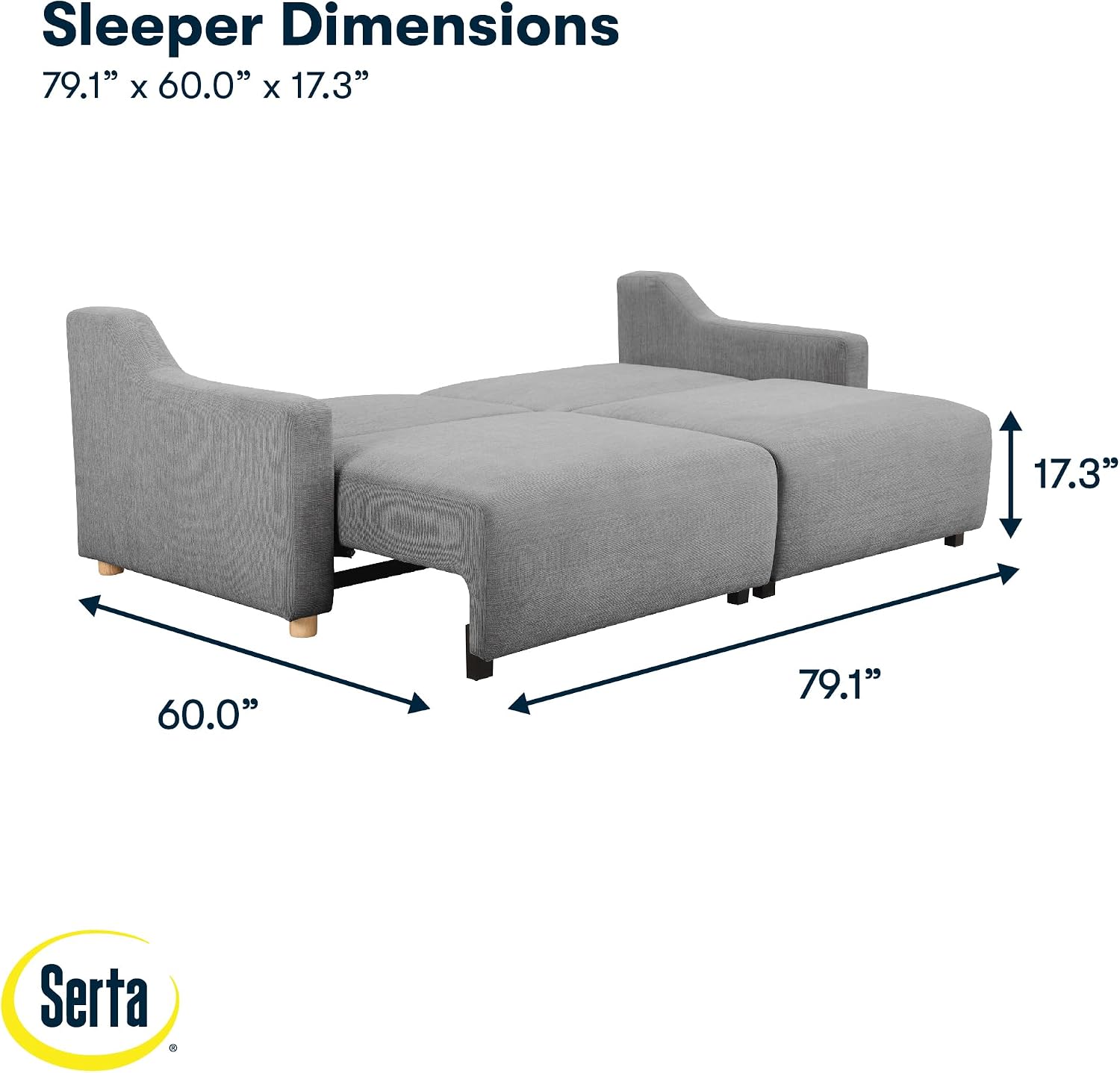 Serta Glendale 90.2' Queen Size Wall-Hugging Convertible Sofa, Dreamcoil Comfort, Chenille Fabric, Grey