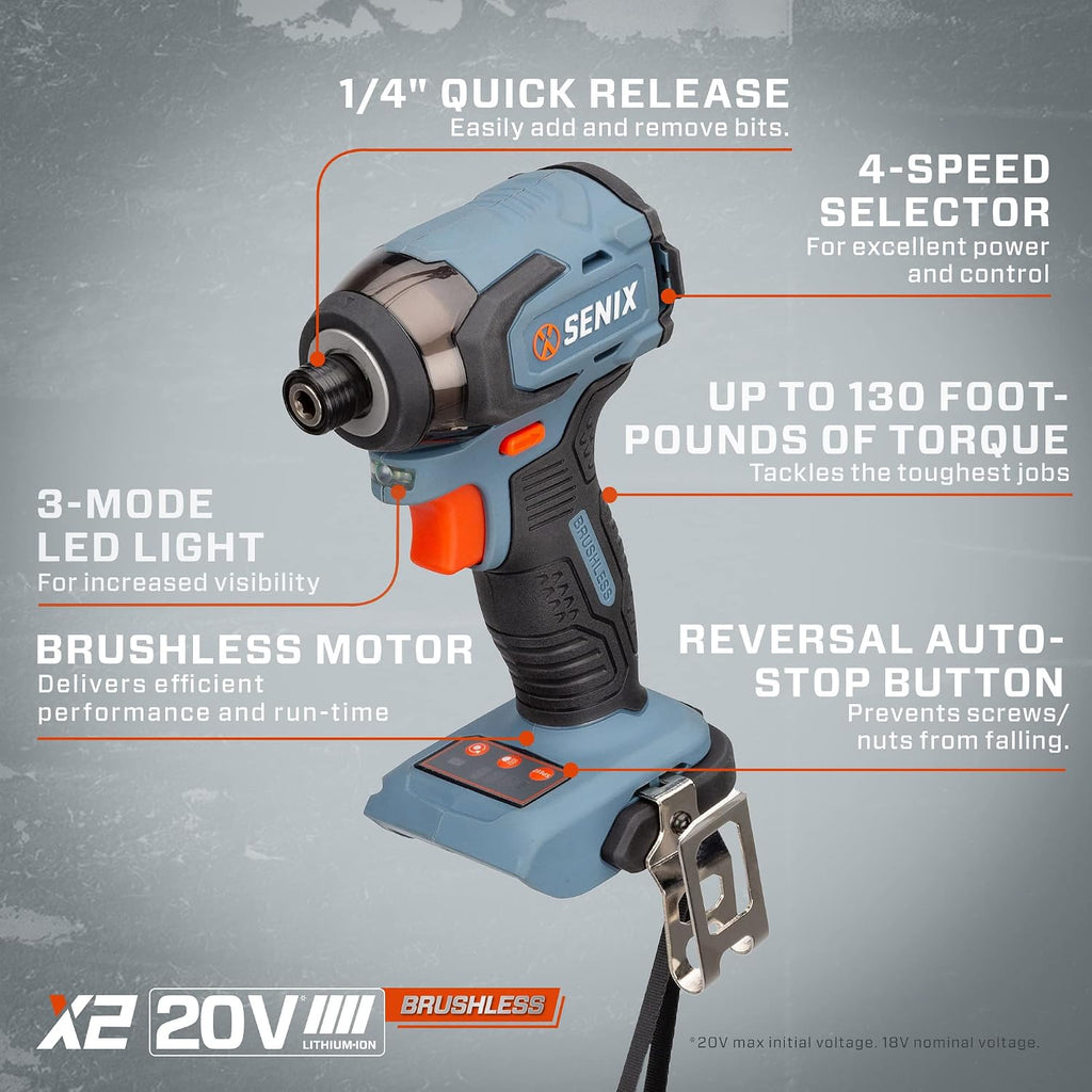 SENIX X2 20 Volt Max* 2-Piece Cordless Power Tool Kit with Battery Powered 1/2-Inch Drill Driver and 1/4-Inch Impact Driver, Includes Storage Bag, 2 2.0 Ah Batteries & Charger (S2K2B2-01)
