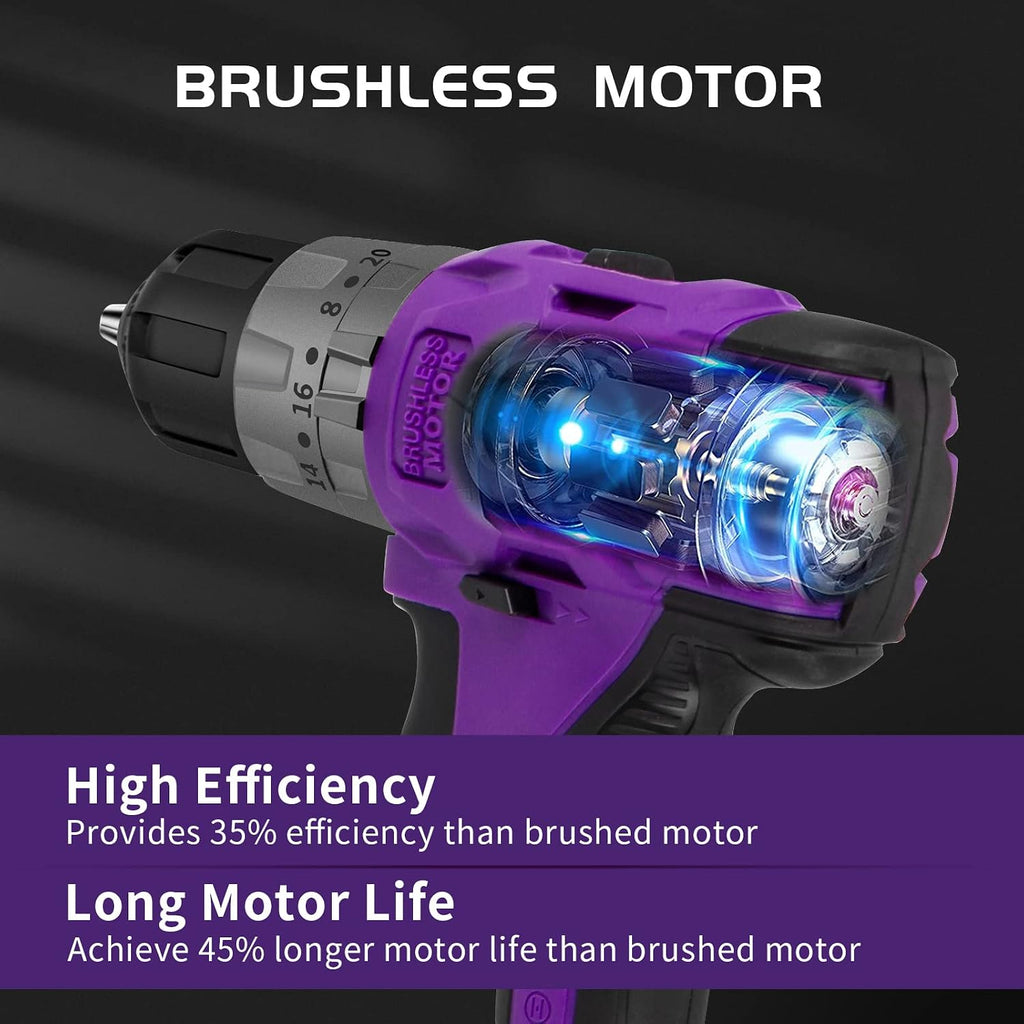Purple Brushless Cordless Drill Set, 20V Compact Power Driver Kit with Electric Motor, 20+3 Torque Setting, 48 N.m, 2 Variable Speed, 23pcs Driver Bits, and Tool Box for Women Men Home DIY