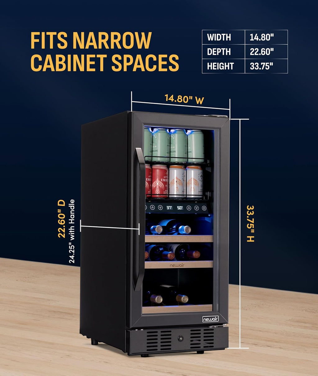 NewAir 15' Wine and Beverage Refrigerator 9 Bottle and 48 Can Capacity, Beverage Cooler in Stainless Steel, Built-in or Freestanding Dual Zone Drink Fridge with Triple-Pane Glass Door