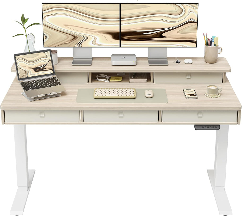 FEZIBO Height Adjustable Electric Standing Desk with 5 Drawers, 55 x 24 Inch Table with Storage Shelf, Sit Stand Desk White Frame/Light Walnut Top, 55 inch
