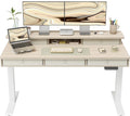 FEZIBO Height Adjustable Electric Standing Desk with 5 Drawers, 55 x 24 Inch Table with Storage Shelf, Sit Stand Desk White Frame/Light Walnut Top, 55 inch