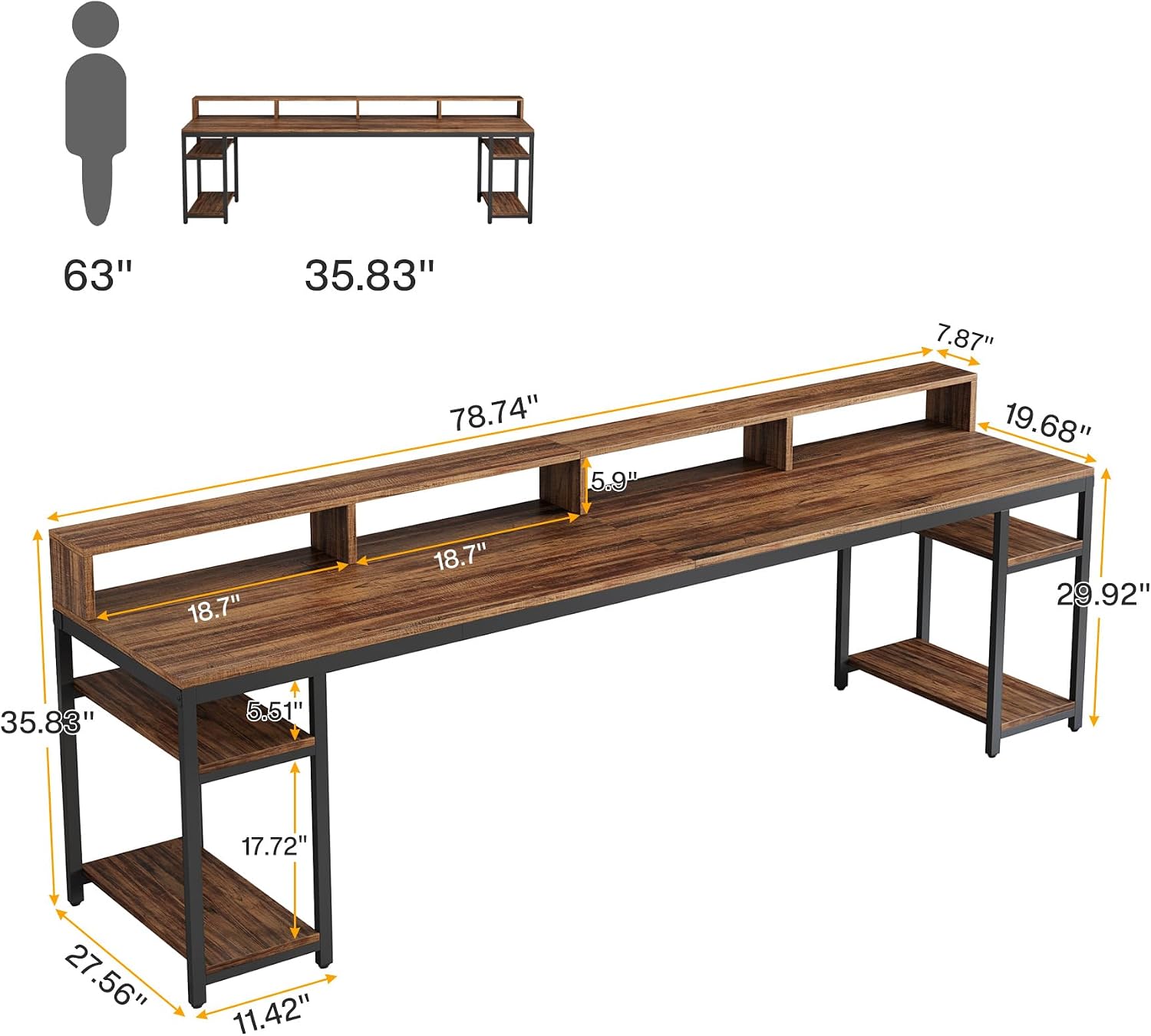 Tribesigns 78.74 Inches Extra Long Two-Person Desk, Double Computer Desk with Monitor Stand and Storage Shelves, Study Work Table for Home Office (Rustic Brown)