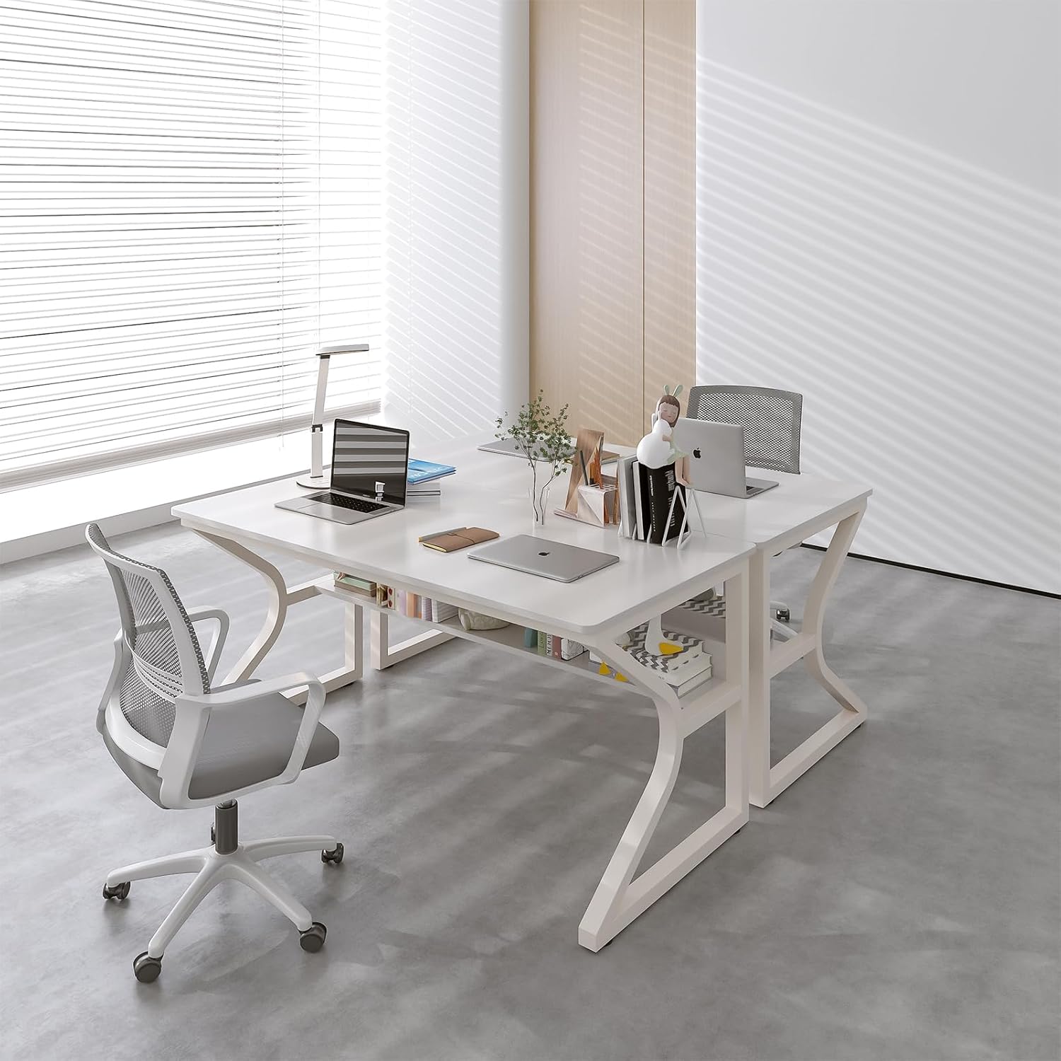 OSCHF Office Desk with Storage Shelf - 47.3' Long Writing Table for Single-Person Workstation, Modern Study Gaming Computer Desk, Warm White