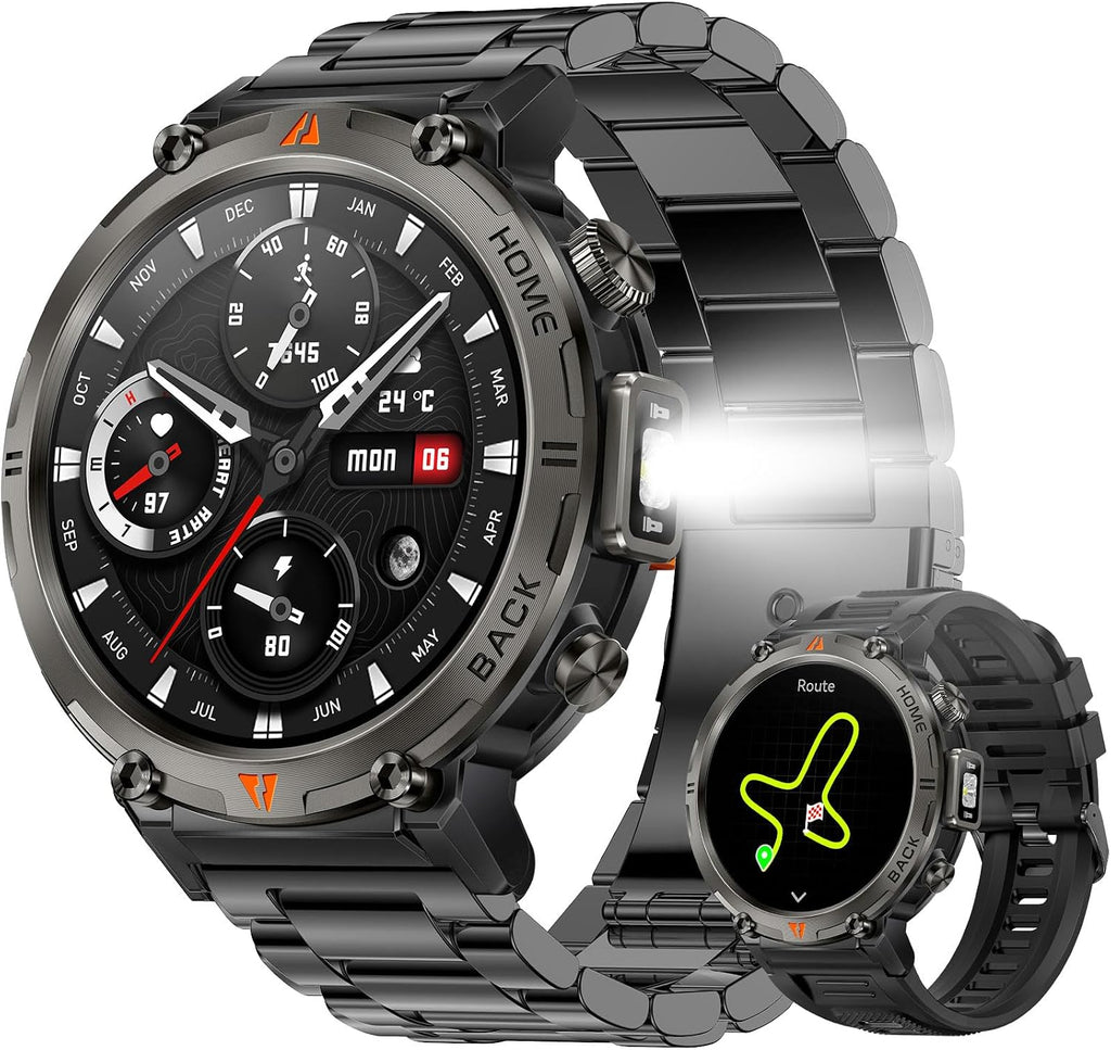 Military Smart Watches for Men Built-in GPS with LED Flashlight Compass, 3ATM Waterproof Rugged Tactical Smartwatch with Text and Call, 1.45' HD Fitness Tracker with HR SPO2 Monitor for iPhone Android