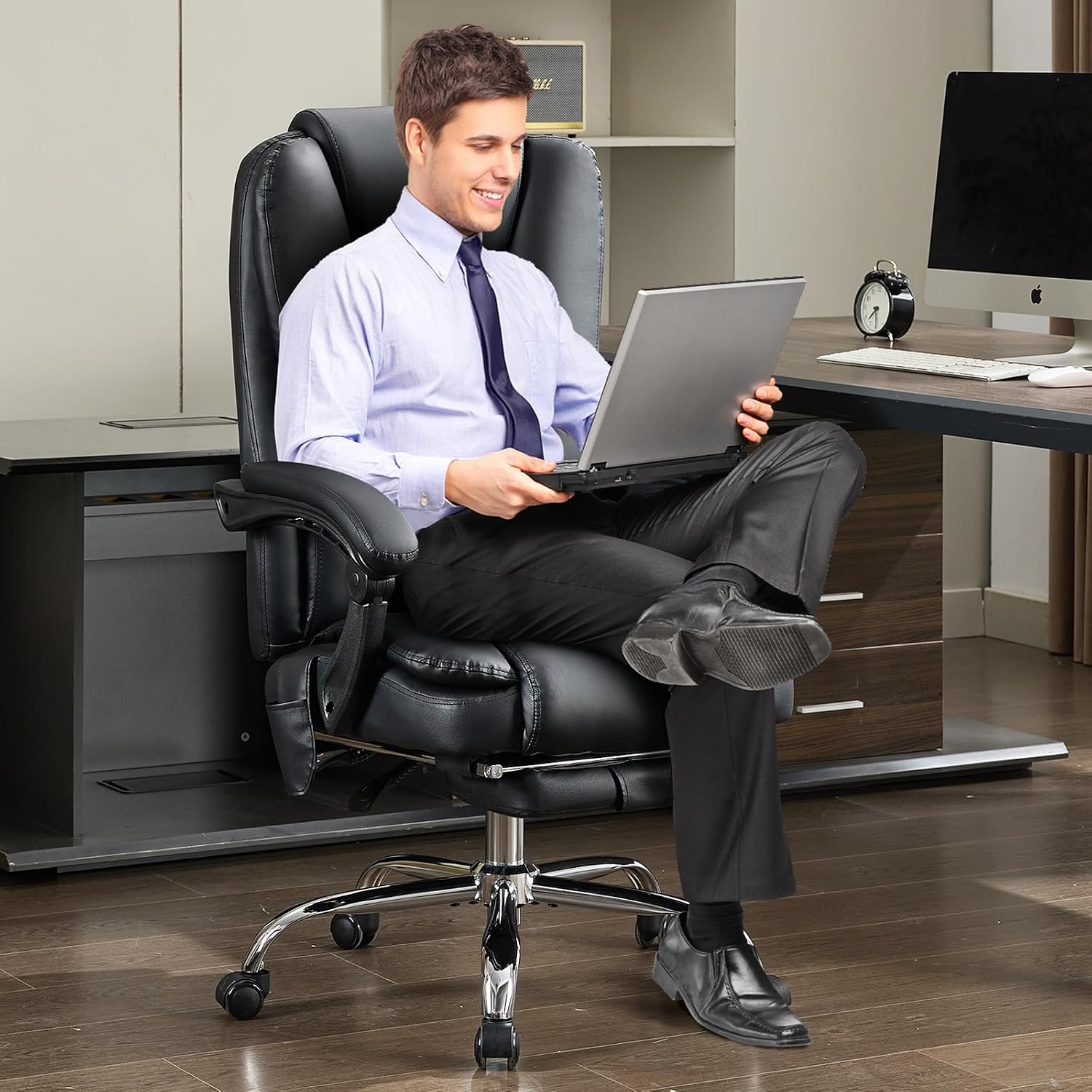Massage Office Chair with Footrest, Heated 6-Point Vibration Ergonomic Executive Office Chair for Home, Big and Tall 500lbs Capacity Reclining High Back Computer Chair for Heavy People, PU Leather