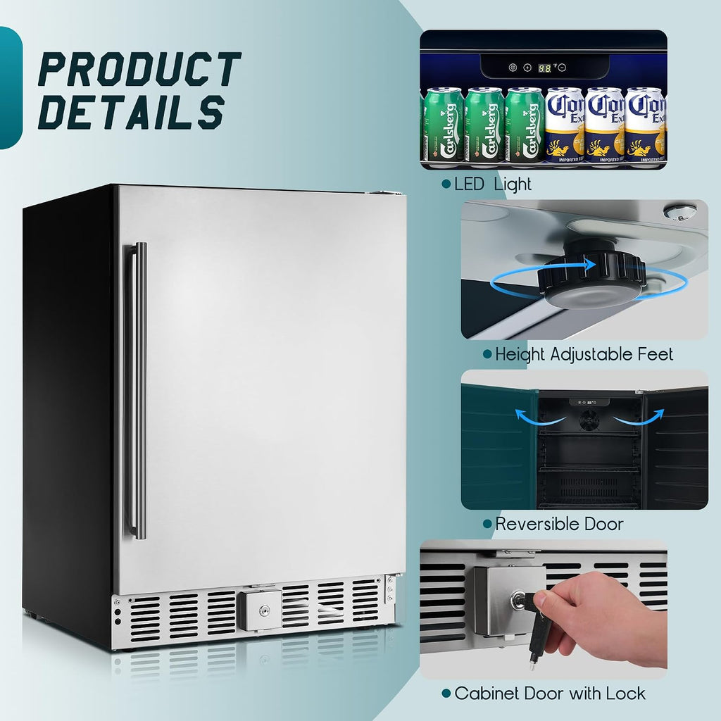 Albott 24 Inch Outdoor Beverage Fridge, 5.0 Cu.Ft Beverage Refrigerator Holds 166 Cans, 32-50°F Drink Cooler with IPX4 Waterproof Design, Auto-Defrost, Build-In or Freestanding for Patio & Backyard
