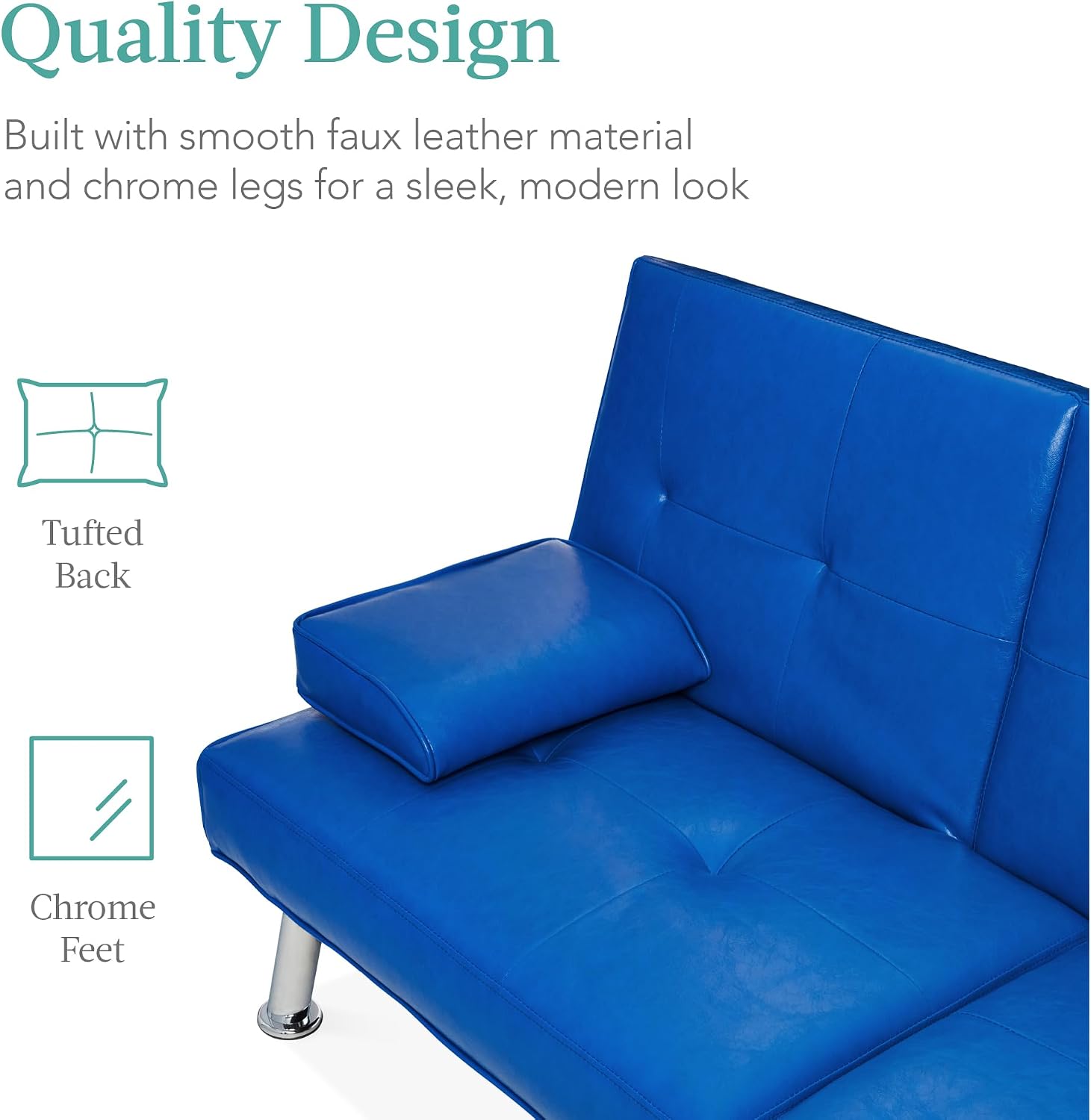 Best Choice Products Faux Leather Upholstered Modern Convertible Futon, Adjustable Folding Sofa Bed, Guest Bed w/Removable Armrests - Royal Blue