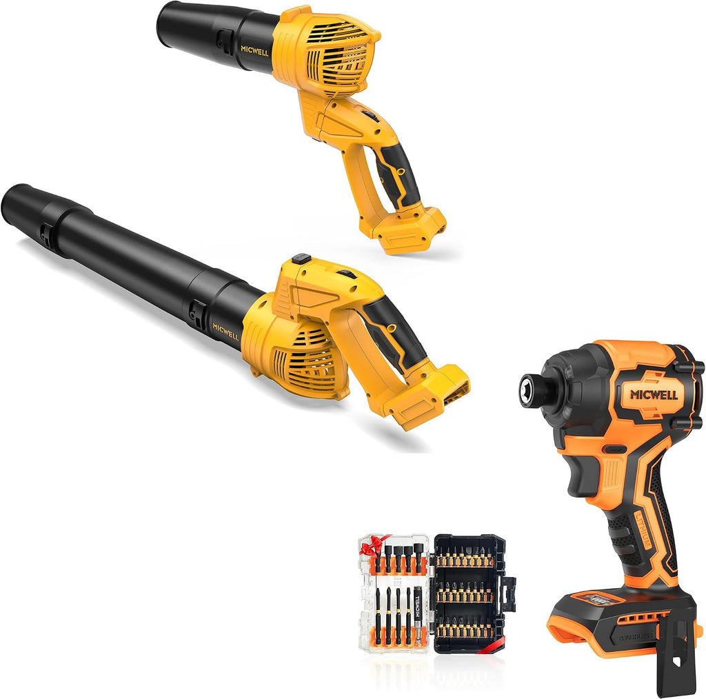 MICWELL 2-in-1 Cordless Power Tool Combo Kit: 4-Speed Brushless Impact Driver with LED Work Light & 5-Speed Variable Leaf Blower with 2 Handle Rotation Angles, Compatible with 20V Max Battery
