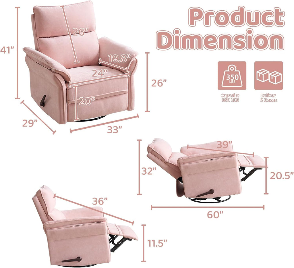 Swivel Rocker Recliner with Adjustable Headrest,Upholstered Glider Rocker Recliner with Overstuffed Armrest,Manual Recliner Nursery Chair for Living Room,Pink