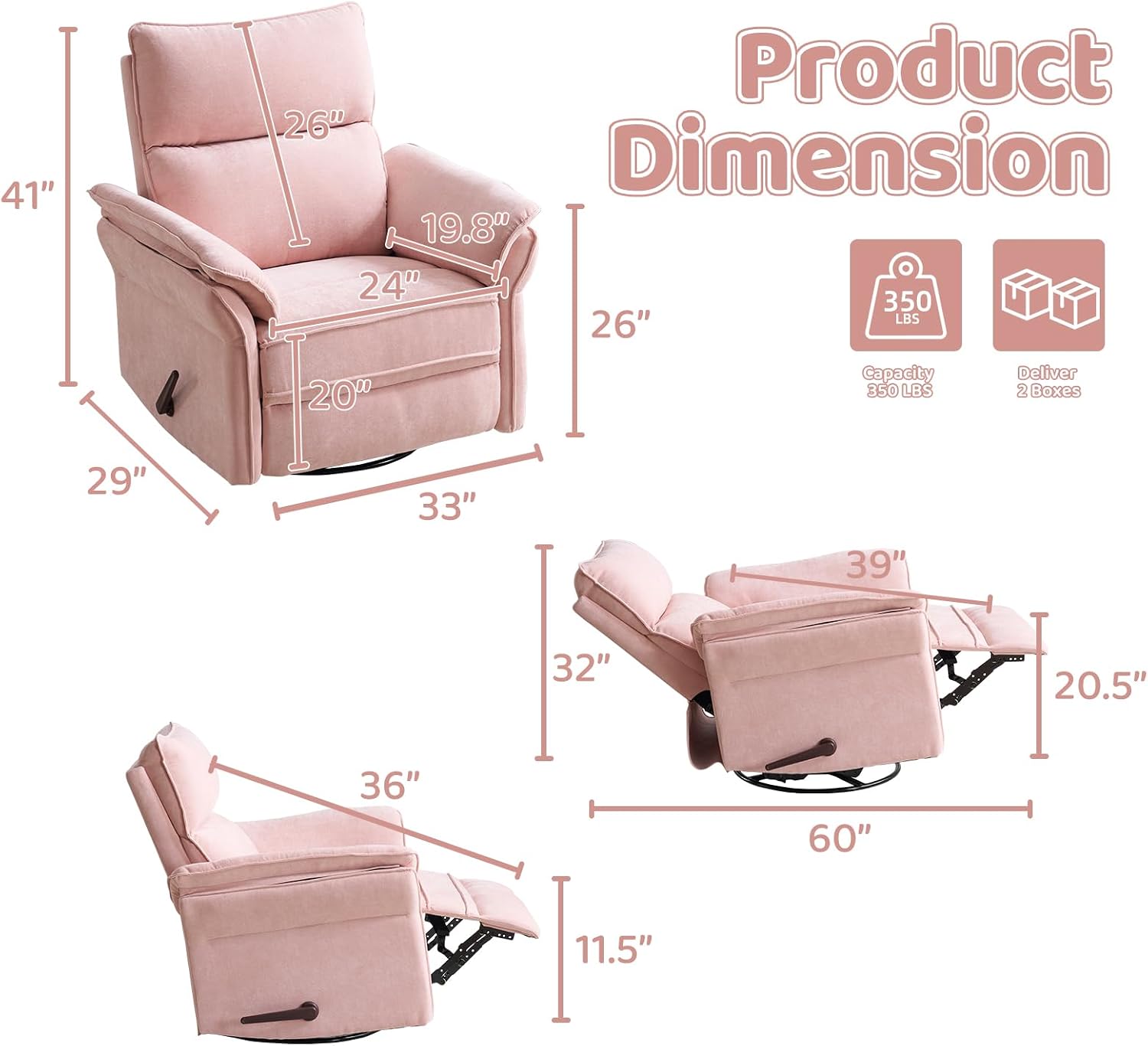 Swivel Rocker Recliner with Adjustable Headrest,Upholstered Glider Rocker Recliner with Overstuffed Armrest,Manual Recliner Nursery Chair for Living Room,Pink