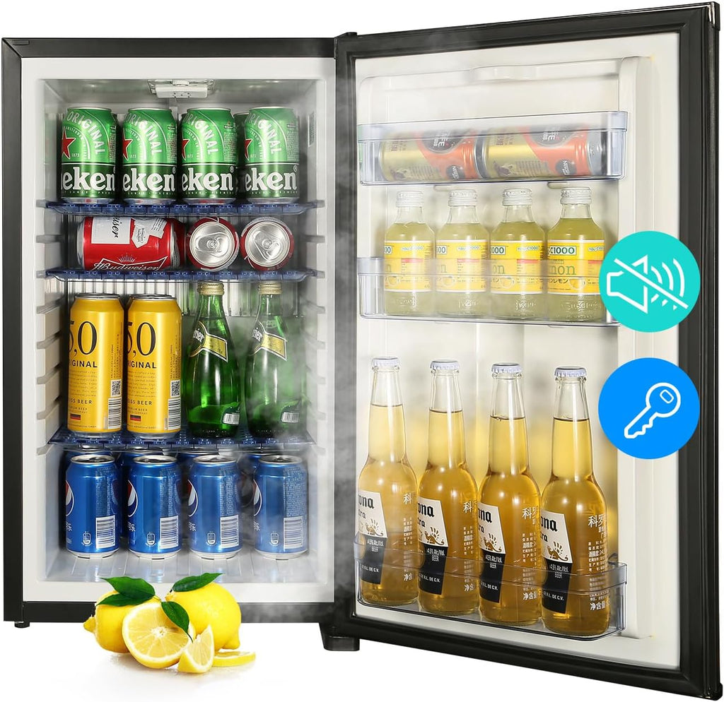 Mini Fridge for Bedroom, 1.78 cu.ft 110V Quiet Fridge with Lock, Small Silent Compact Refrigerator for Dorm RV Hotel Office, Noise Absorption, Black