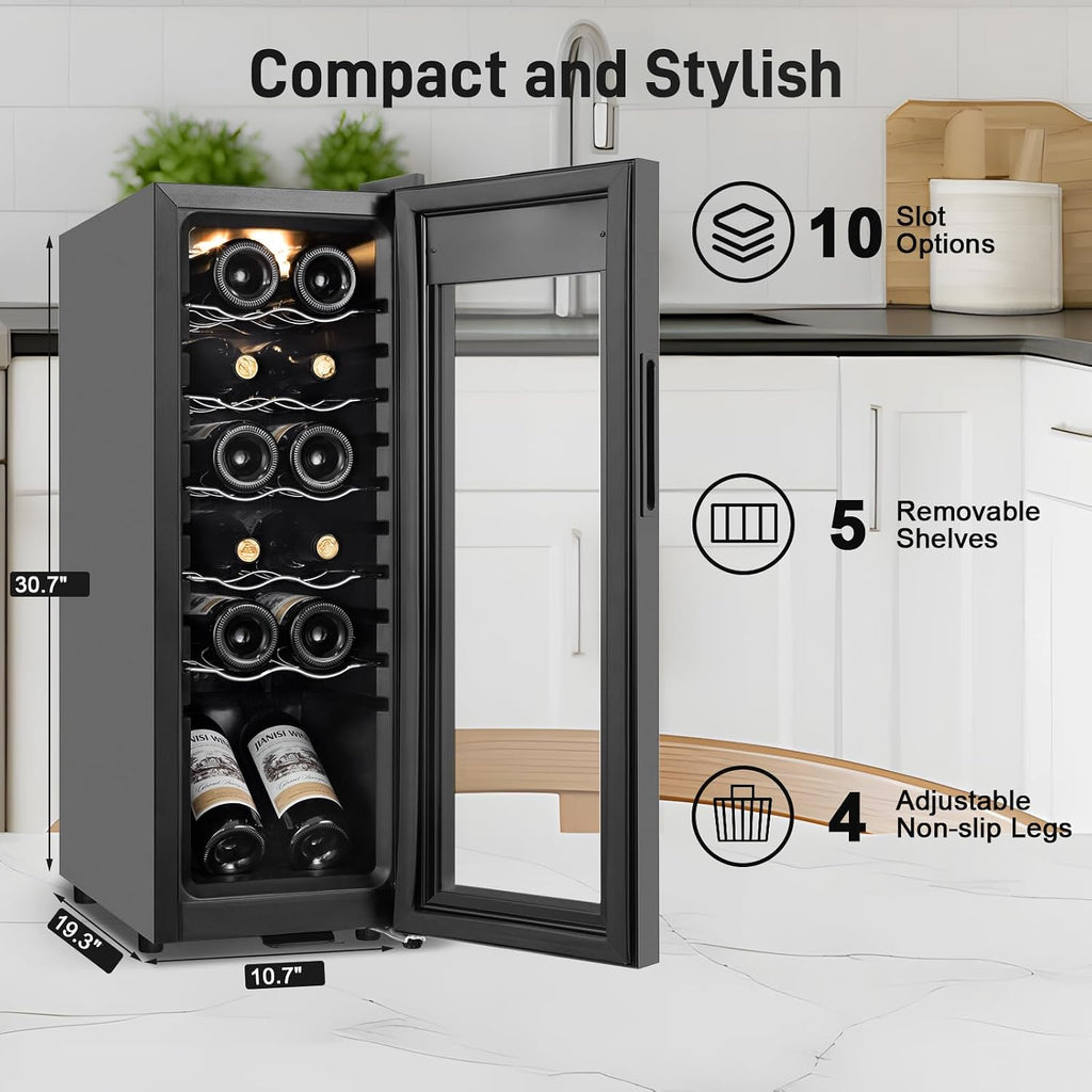 Tylza 12 Bottles Wine Fridge, Wine Cellar with Powerful Compressor, LED Touchscreen, Low-E Tempered Glass Door, Lock, Wine Cooler Refrigerator for Red, White, Champagne or Sparkling Wine, Black