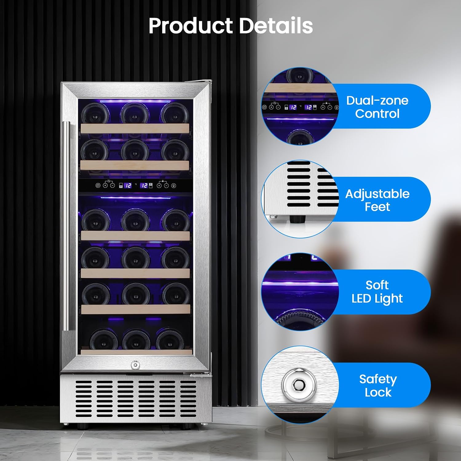 Antarctic Star Wine Fridge 15' Wine Cooler Under Counter Beverage Refrigerator Beer Mini Fridge 28 Bottles Dual Zone Built-in Freestanding Stainless Steel Double-Layer Tempered Glass Door