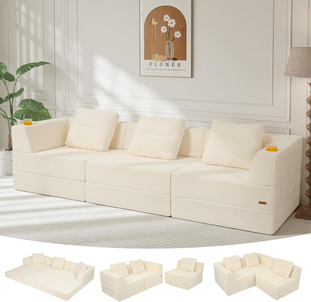 COMAX Futon Sofa Bed 3 Seater, 106' Convertible Sofa Bed Couches for Living Room, 4 in 1 Folding Boneless Sleeper Corduroy Couch Foam in a Box, Comfy Foldable Lounge Fold Out Floor Mattress, Beige