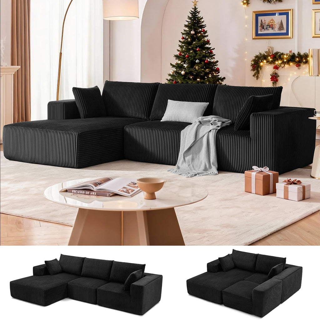 108' Modular Sectional Sofa, Cloud Sectional Couch with Deep Seat, Modern Modular L-Shape Sofa Couch with Chaise,Upholstered Boneless Couches for Living Room Bedroom (Black, Left Facing Chaise)