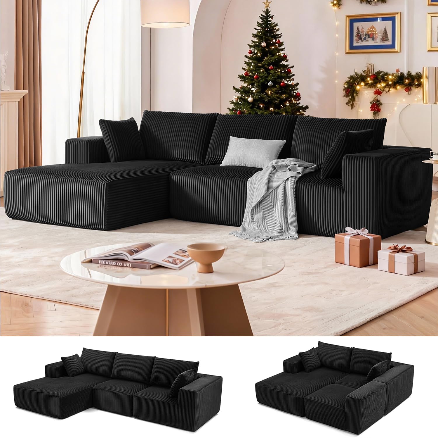 108' Modular Sectional Sofa, Cloud Sectional Couch with Deep Seat, Modern Modular L-Shape Sofa Couch with Chaise,Upholstered Boneless Couches for Living Room Bedroom (Black, Left Facing Chaise)