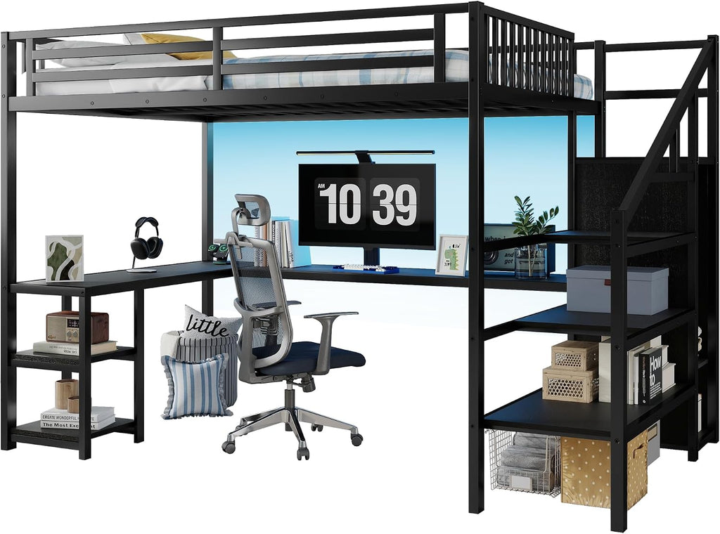 Queen Size Loft Bed with Desk and Stairs, Gaming Loft Bed with RGB LED Light and Storage, Heavy-Duty Metal Loft Beds Frame with Wardrobe, Shelves and Charging Station for Adults Kids Teens, Black