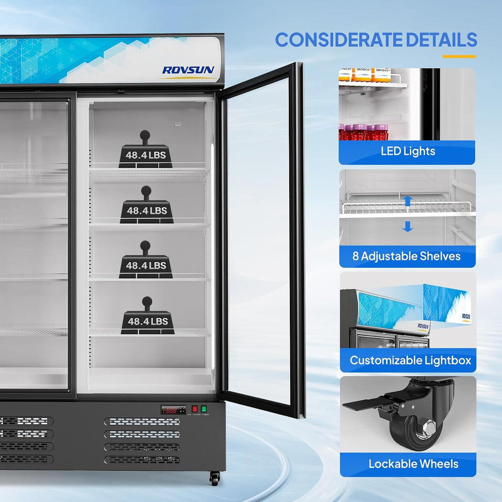 ROVSUN 35 Cu.Ft Commercial Beverage Refrigerator ETL NSF, Merchandiser Refrigerator Display Refrigerator Beverage Cooler Glass Door Fridge w/Adjustable Shelves LED Light for Bar Restaurant Cafe