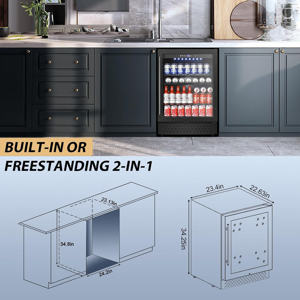 Tylza Beverage Refrigerator 24 Inch, Under Counter/Freestanding Drink Fridge, 190 Cans Beverage Cooler with Glass Door, Reversible Door, Low Noise, Quick Cooling - for Beer, Soda, ETC, Black