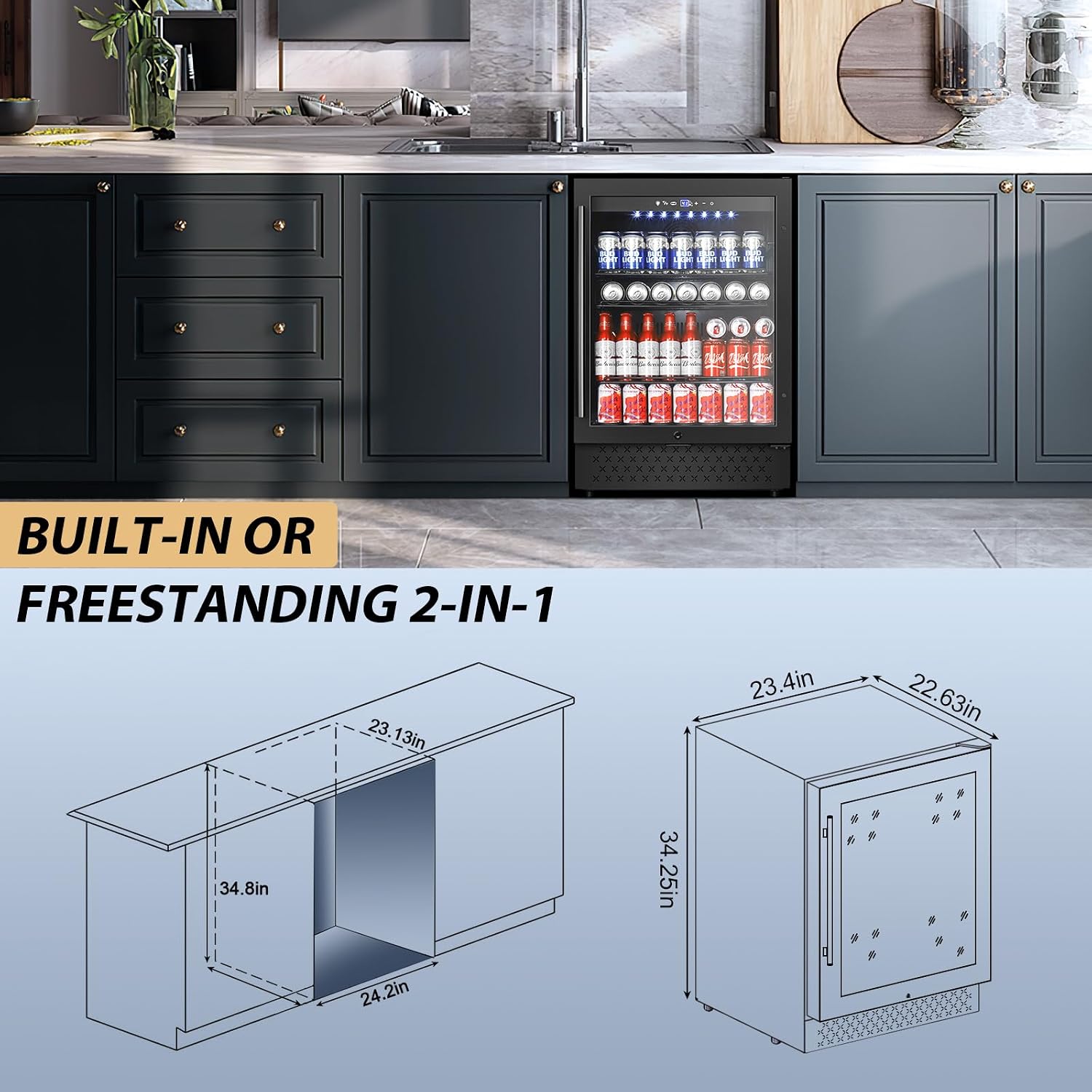 Tylza Beverage Refrigerator 24 Inch, Under Counter/Freestanding Drink Fridge, 190 Cans Beverage Cooler with Glass Door, Reversible Door, Low Noise, Quick Cooling - for Beer, Soda, ETC, Black