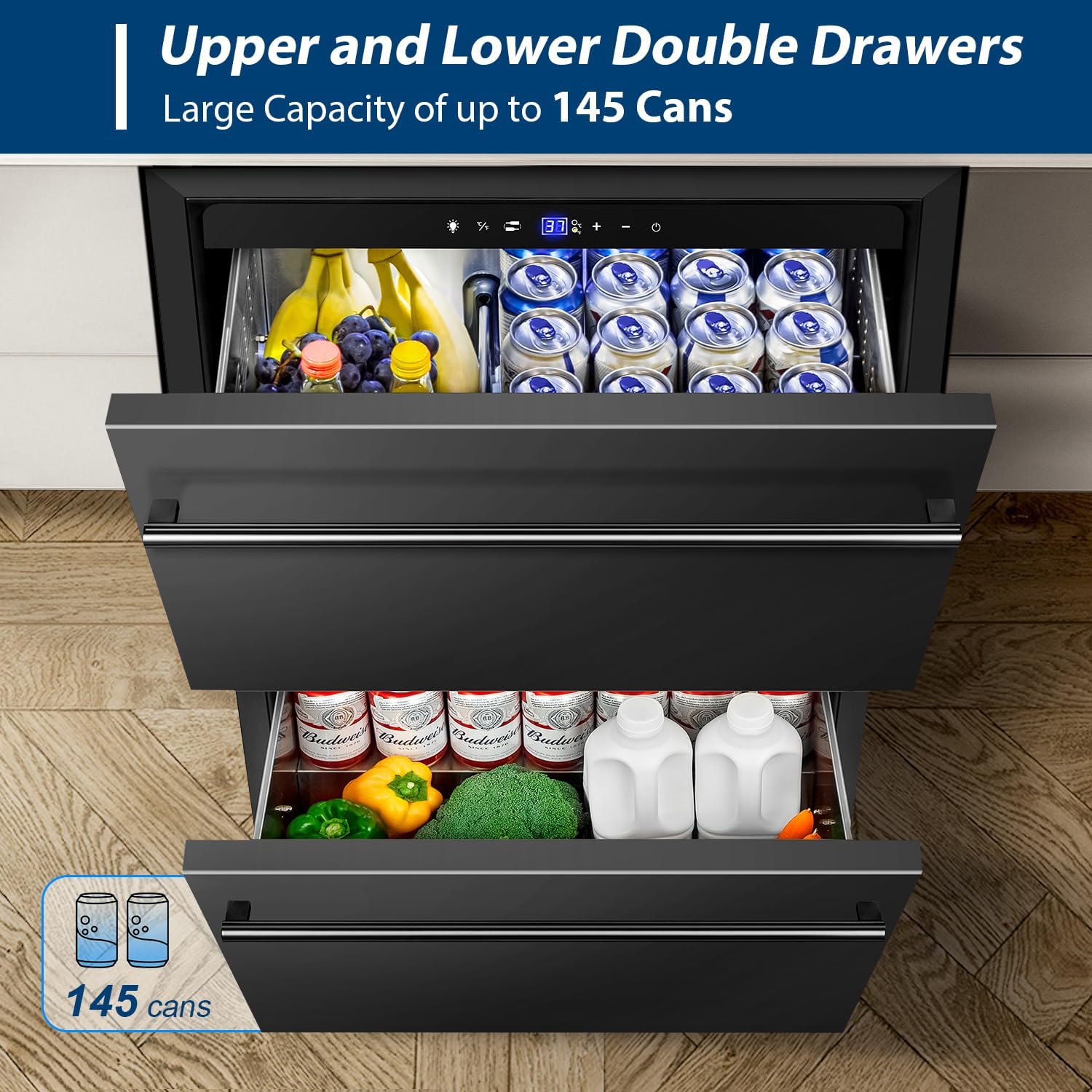 Tylza Under Counter Drawer Fridge 24 Inch, Built-in/Freestanding Beverage Refrigerator for Home and Commercial Use, Stainless Steel Material, Fast Cooling, Low Noise, Black