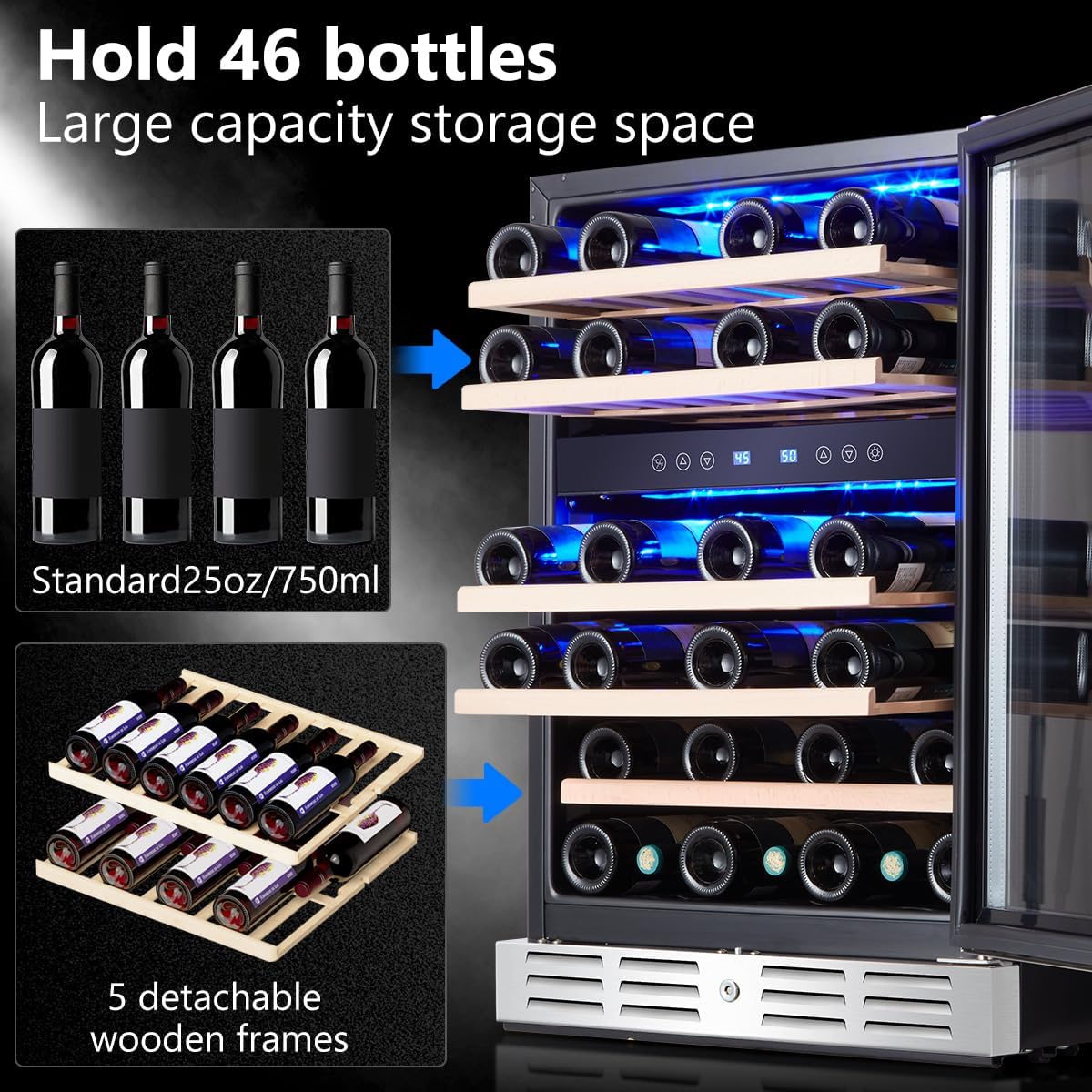 Kalamera 24 inch Wine Cooler, 37 Bottle - Dual Zone Built-in or Freestanding Fridge with Stainless Steel Reversible Glass Door, for Home, Kitchen or Office