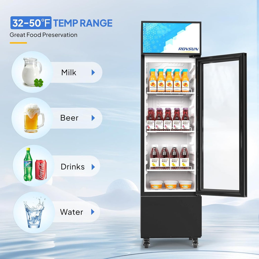 ROVSUN 6 Cu.Ft Commercial Beverage Refrigerator ETL NSF, Slim Merchandiser Refrigerator Display Refrigerator Beverage Cooler Glass Door Fridge w/Adjustable Shelves LED Light for Bar Restaurant Cafe