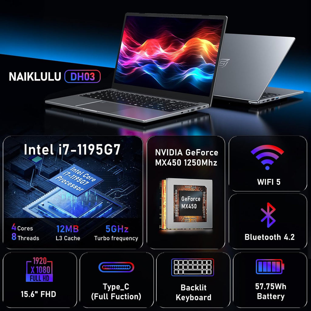 NAIKLULU Gaming Laptop Computer,15.6 Inch Laptop,i7-1195G7 4C/8T Processor(up to 5Ghz),MX450 Graphics,16GB RAM 1TB SSD,15.6'FHD 1920 * 1080 Display,WiFi 5,BT4.2,Backlit Keyboard