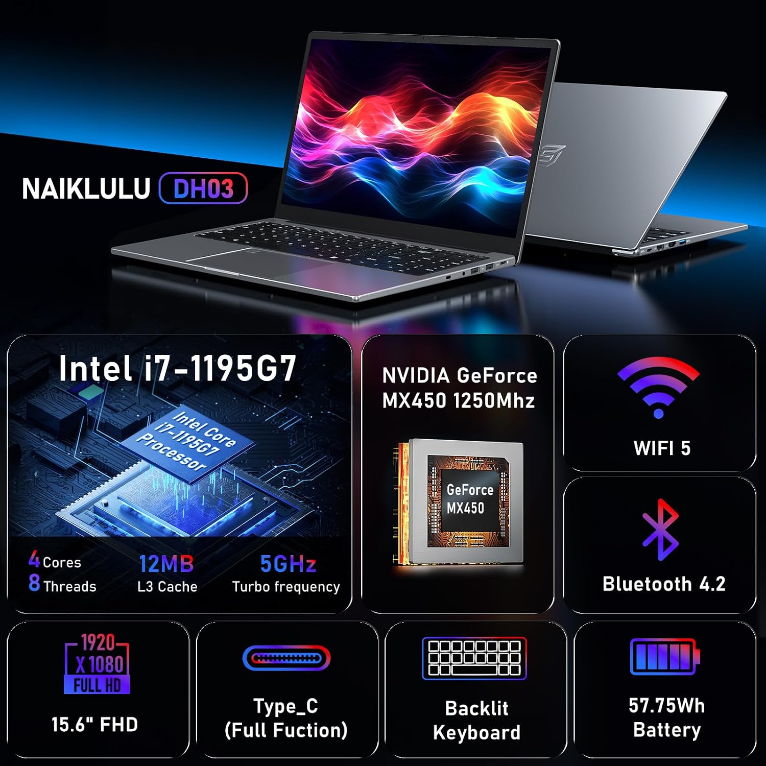 NAIKLULU Gaming Laptop Computer,15.6 Inch Laptop,i7-1195G7 4C/8T Processor(up to 5Ghz),MX450 Graphics,16GB RAM 1TB SSD,15.6'FHD 1920 * 1080 Display,WiFi 5,BT4.2,Backlit Keyboard