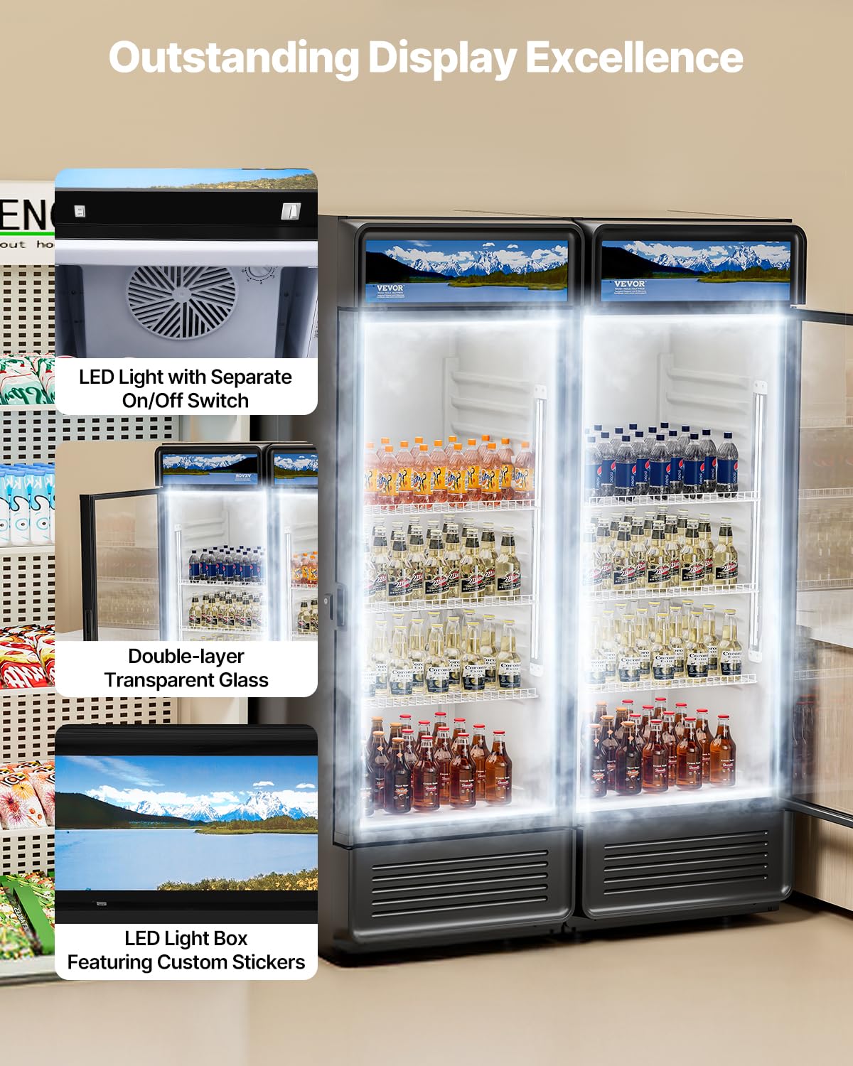 VEVOR Commercial Merchandiser Refrigerator, 6.9 CU.FT Glass Door Display Refrigerator, Beverage Refrigerator Cooler Merchandiser with Adjustable Shelves, Soft LED Light, Customizable Lightbox, Black