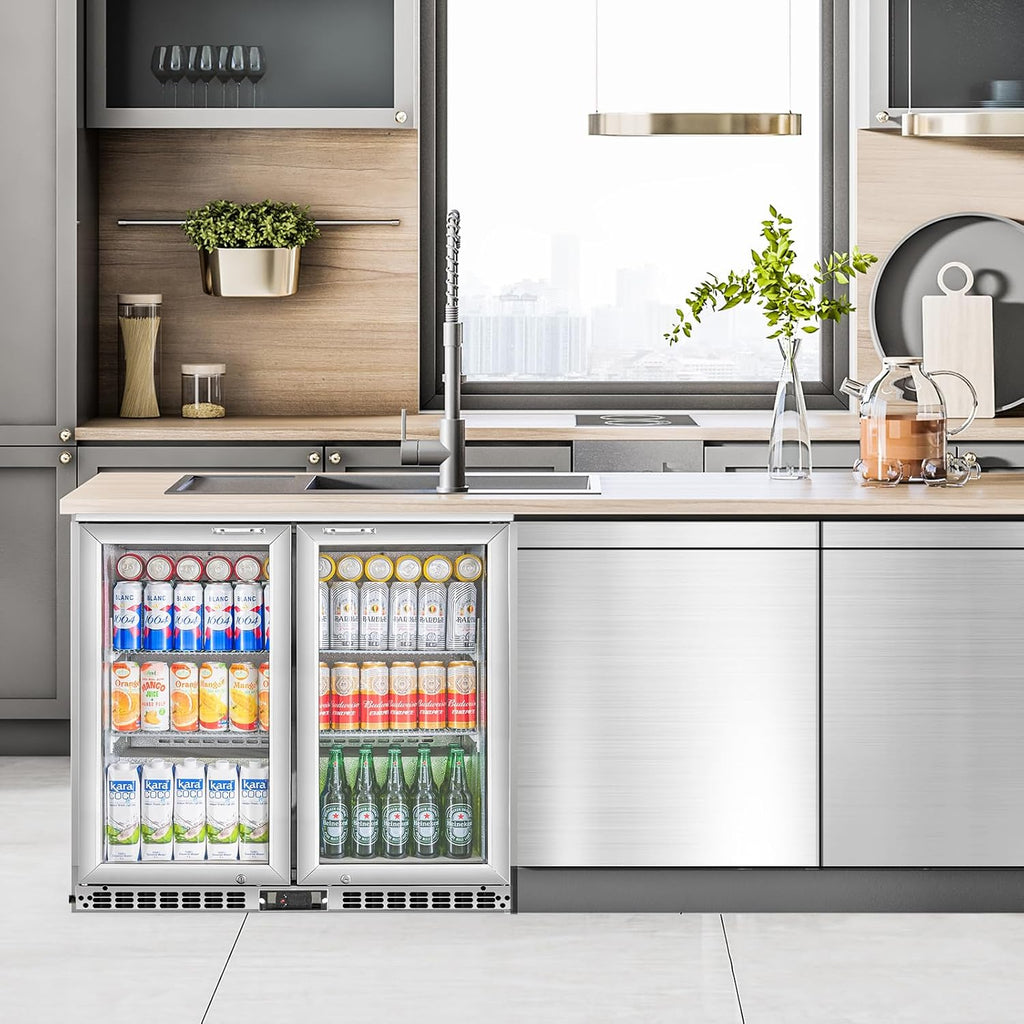 Back Bar Cooler with 2 Glass Doors Under Counter Commercial Beverage Refrigerator Silver Stainless Steel 7.4 Cu.ft. ETL Drink Fridges for Bar,Office