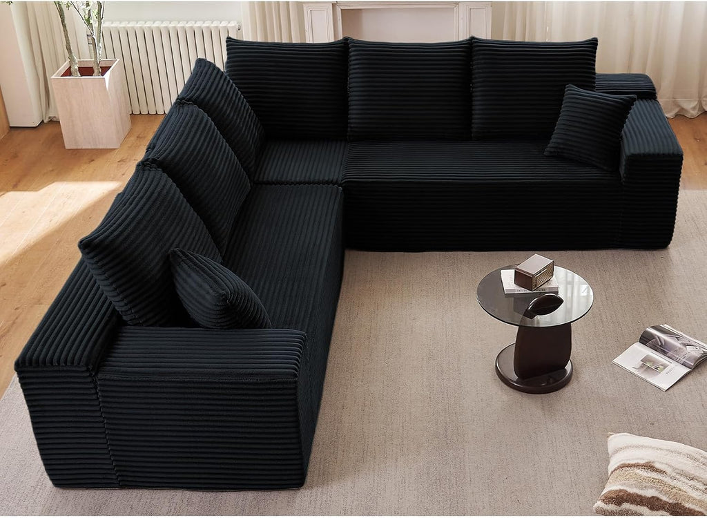 Sectional Cloud Couch for Living Room, Modern Modular Floor Deep-Seat Sofa, Upholstered L Shaped Sofas, Big Comfy Corduroy Couches Set for Living Room Bedroom, No Assembly Required, Black