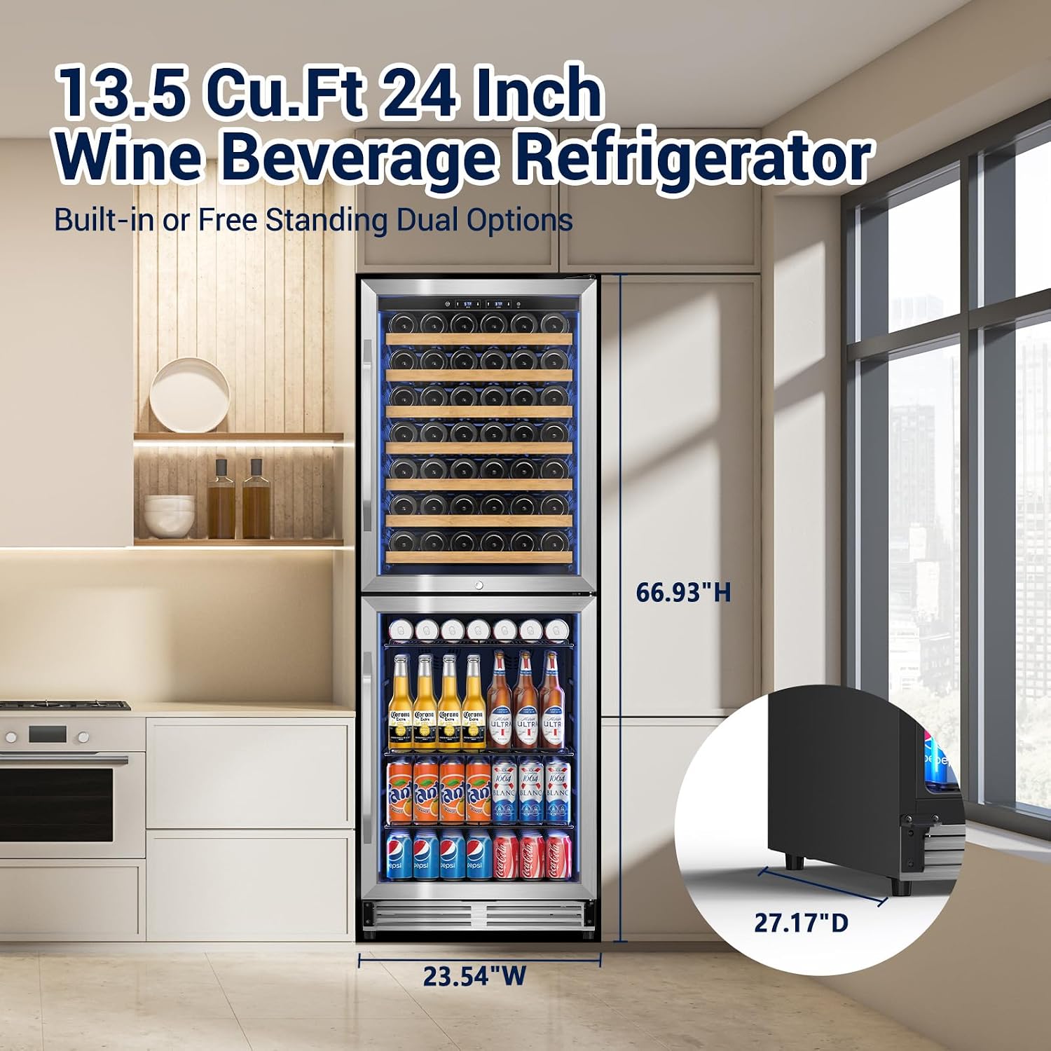 Tylza Beverage Refrigerator 24 Inch, 190 Can Built-in/Freestanding Beverage Cooler Fridge with Glass Door and Advanced Cooling Compressor for Beer and Soda or Wine, Low Noise, 37-64 F, Black