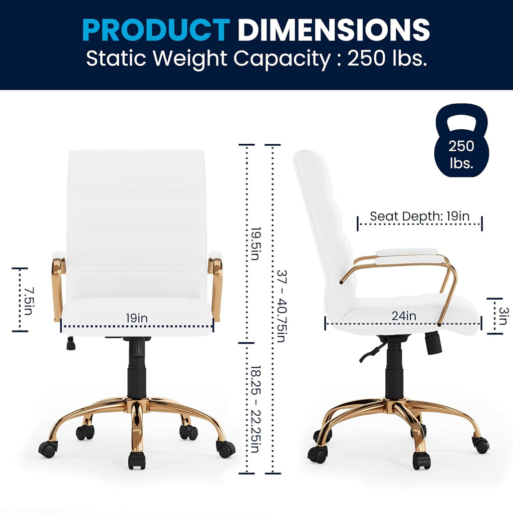 Flash Furniture Whitney Mid-Back Swivel LeatherSoft Desk Chair with Padded Seat and Armrests, Adjustable Height Padded Office Chair, White/Gold