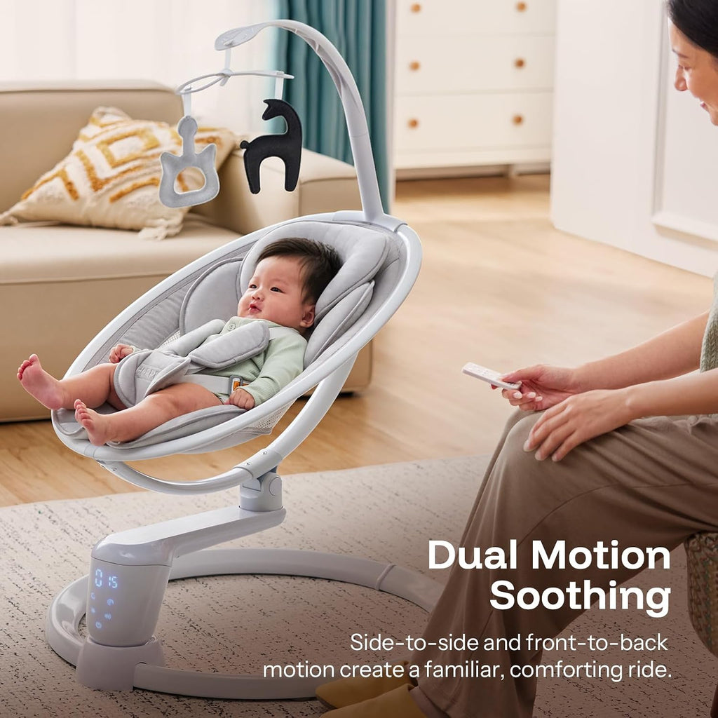 HARPPA Weddell Plus Electric Baby Swings for Infants and Newborns, Eye-Level Baby Swing 5 Speeds and Remote Control 10 Built-in Melodies, 2 Seat Positions & 180° Rotation for Indoor Use, Light Gray