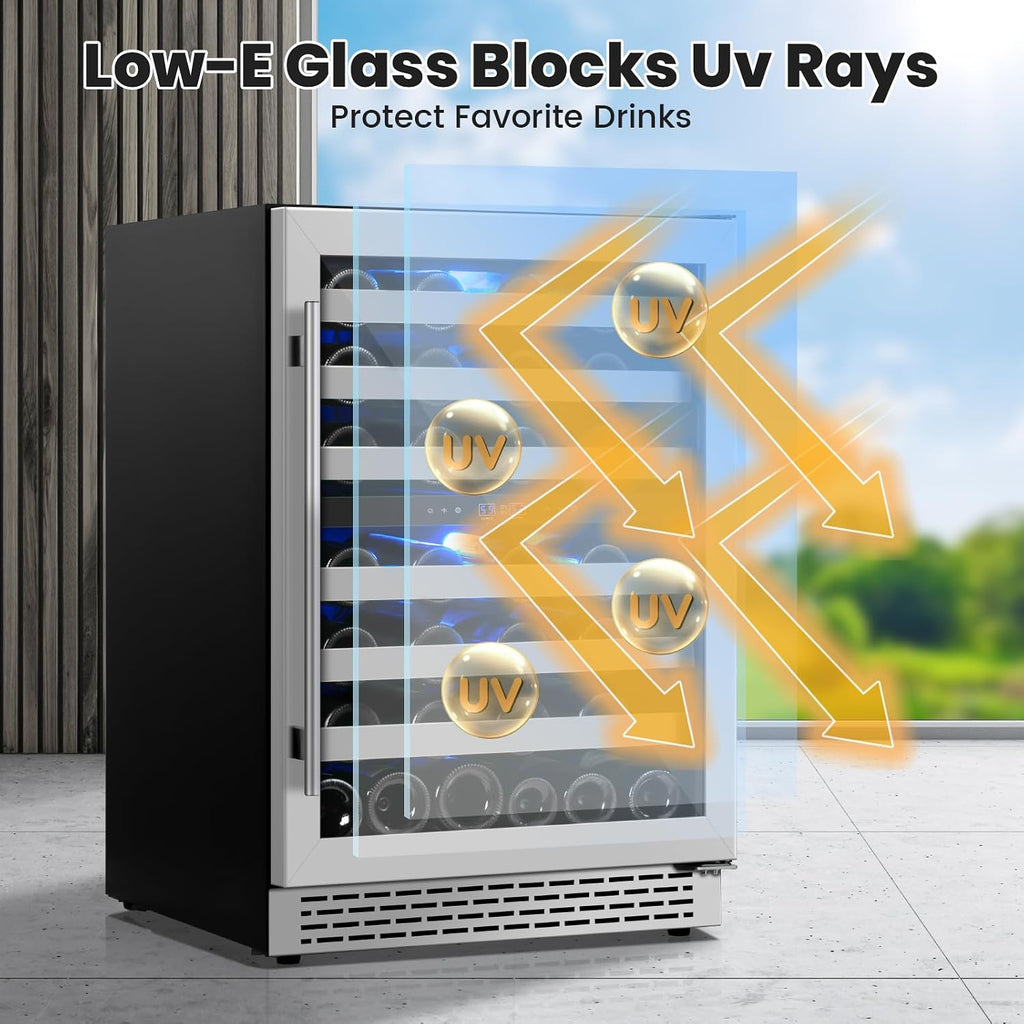 24 Inch Wine Cooler & Fridge Under Counter,54 Bottle Dual Zone Wine Cooler,New Upgrade Compressor,Blue Light Built-in/Freestanding,Reversible Stainless Steel Door Wine Fridge for Home/Kitchen