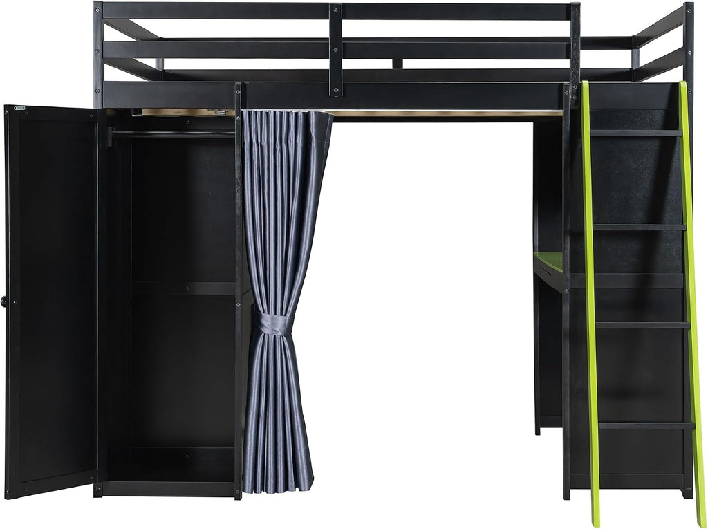 Full Gaming Loft Bed with Wardrobe & Desk & Charging Station & RGB Light,Esports Wood Loft Bed Frame with Storage Shelves,Curtains and DIY Pegboard,Space Saving,No Box Spring Needed,Black Green