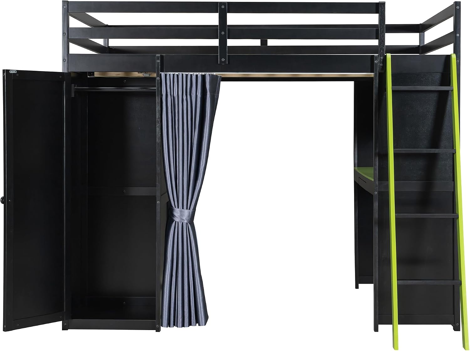 Full Gaming Loft Bed with Wardrobe & Desk & Charging Station & RGB Light,Esports Wood Loft Bed Frame with Storage Shelves,Curtains and DIY Pegboard,Space Saving,No Box Spring Needed,Black Green