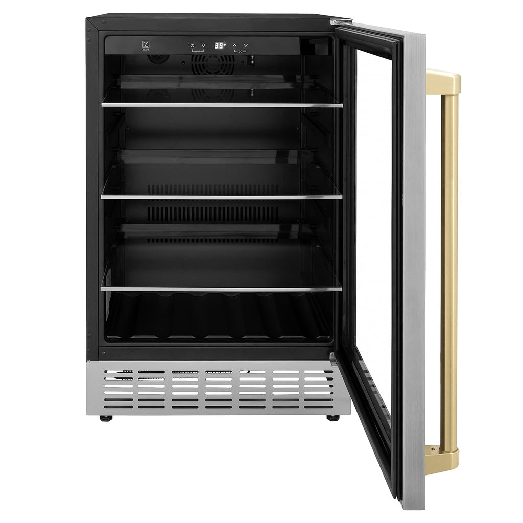 Z Line Kitchen and Bath ZLINE 24' Autograph Edition 154 Can Beverage Cooler Fridge with Adjustable Shelves in Stainless Steel with Champagne Bronze Accents (RBVZ-US-24-CB)
