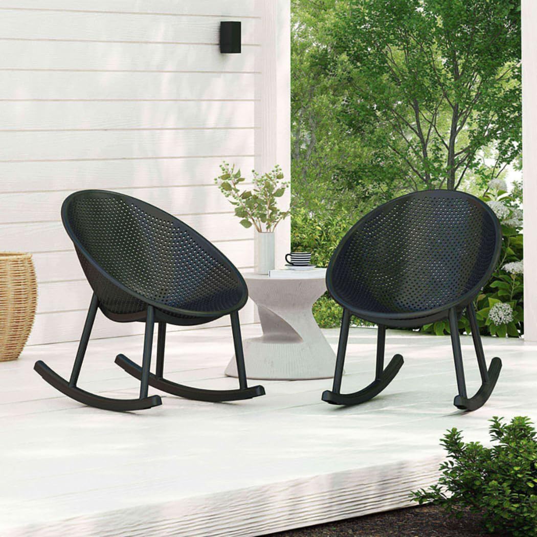 2xhome Patio Rocking Chair | Oval Egg Shaped Lounge Rocker | All Weather Plastic | Modern Accent Side Chair for Indoor or Outdoor Use, Black, Single, Set of 1