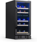 NewAir 15' Dual Zone Wine Fridge for 29 Bottles | Built-In or Freestanding Wine Cooler Refrigerator with Glass Door | Precision Cooling & Wood Shelves for Red and White Wines | Black Stainless Steel