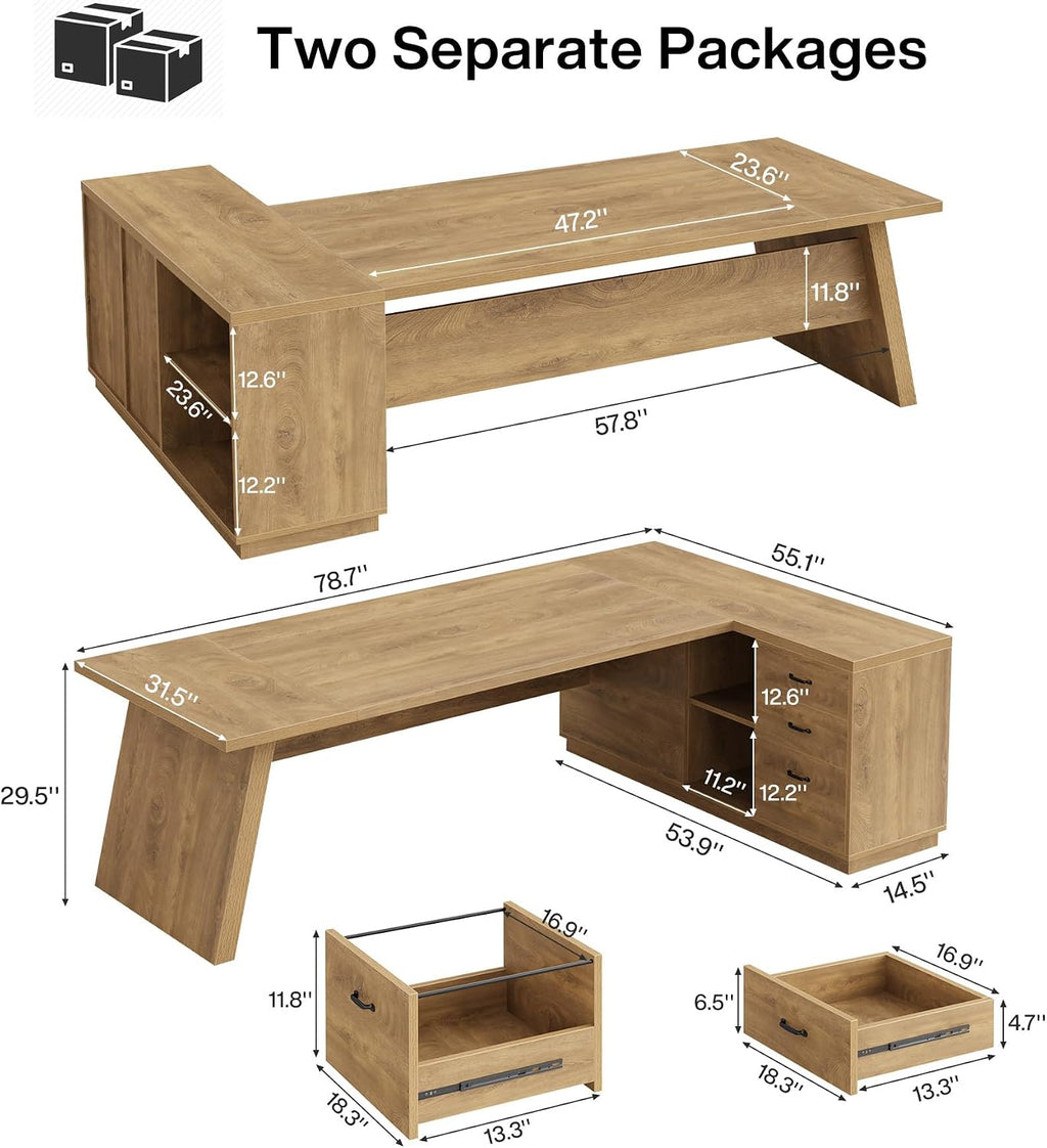 Tribesigns Modern L-Shaped Executive Desk, 78.7' L x 31.5' W x 29.5' H, Brown, 3 Drawers, 2 Shelves, Scratch Resistant, Home Office Desk